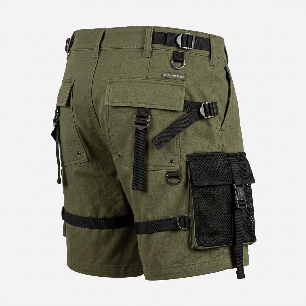 Urban mesh utility cargo shorts study